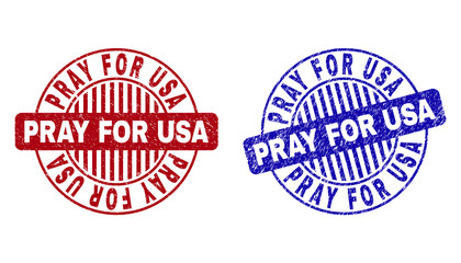 Grunge PRAY FOR USA round stamp seals isolated on a white background. Round seals with grunge texture in red and blue colors.