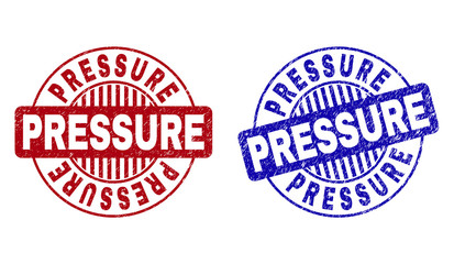 Grunge PRESSURE round stamp seals isolated on a white background. Round seals with distress texture in red and blue colors. Vector rubber overlay of PRESSURE tag inside circle form with stripes.