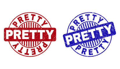 Grunge PRETTY round stamp seals isolated on a white background. Round seals with grunge texture in red and blue colors. Vector rubber overlay of PRETTY label inside circle form with stripes.