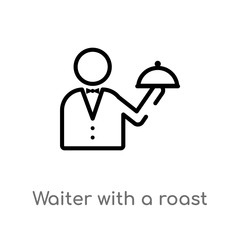 outline waiter with a roast chicken vector icon. isolated black simple line element illustration from food concept. editable vector stroke waiter with a roast chicken icon on white background