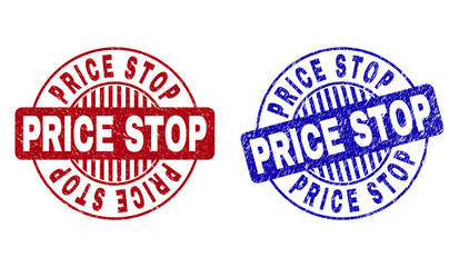 Grunge PRICE STOP round stamp seals isolated on a white background. Round seals with grunge texture in red and blue colors. Vector rubber imprint of PRICE STOP label inside circle form with stripes.