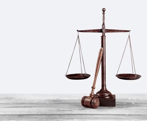 Law scales on table background. Symbol of justice