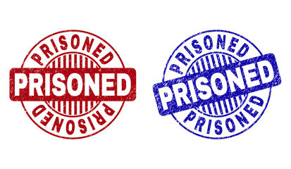 Grunge PRISONED round stamp seals isolated on a white background. Round seals with grunge texture in red and blue colors. Vector rubber overlay of PRISONED label inside circle form with stripes.