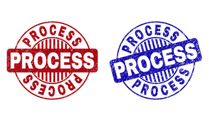 Grunge PROCESS round stamp seals isolated on a white background. Round seals with grunge texture in red and blue colors. Vector rubber imitation of PROCESS title inside circle form with stripes.