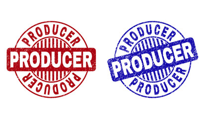 Grunge PRODUCER round stamp seals isolated on a white background. Round seals with grunge texture in red and blue colors. Vector rubber watermark of PRODUCER title inside circle form with stripes.