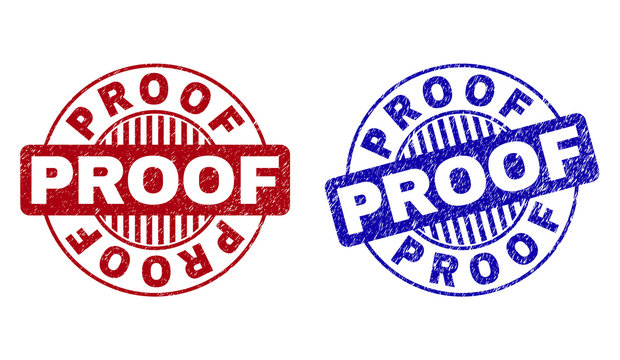 Grunge PROOF round stamp seals isolated on a white background. Round seals with grunge texture in red and blue colors. Vector rubber imitation of PROOF caption inside circle form with stripes.