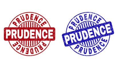 Grunge PRUDENCE round stamp seals isolated on a white background. Round seals with grunge texture in red and blue colors. Vector rubber overlay of PRUDENCE title inside circle form with stripes.