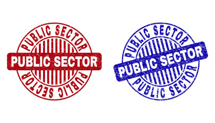 Grunge PUBLIC SECTOR round stamp seals isolated on a white background. Round seals with grunge texture in red and blue colors.