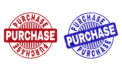 Grunge PURCHASE round stamp seals isolated on a white background. Round seals with grunge texture in red and blue colors. Vector rubber imitation of PURCHASE text inside circle form with stripes.