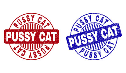 Grunge PUSSY CAT round stamp seals isolated on a white background. Round seals with grunge texture in red and blue colors. Vector rubber overlay of PUSSY CAT tag inside circle form with stripes.