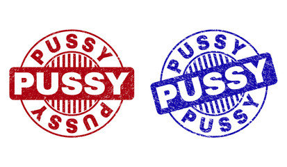 Obraz premium Grunge PUSSY round stamp seals isolated on a white background. Round seals with grunge texture in red and blue colors. Vector rubber overlay of PUSSY label inside circle form with stripes.