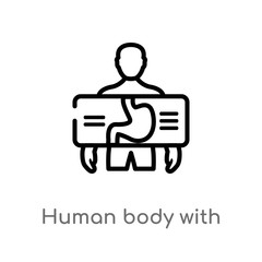 outline human body with x ray plate focusing on stomach vector icon. isolated black simple line element illustration from human body parts concept. editable vector stroke human body with x ray plate