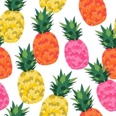 Seamless repeat pattern with colorful yellow, orange and pink pineapples tossed