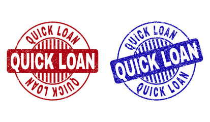 Grunge QUICK LOAN round stamp seals isolated on a white background. Round seals with grunge texture in red and blue colors. Vector rubber imitation of QUICK LOAN tag inside circle form with stripes.
