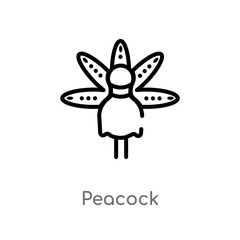 outline peacock vector icon. isolated black simple line element illustration from india and holi concept. editable vector stroke peacock icon on white background