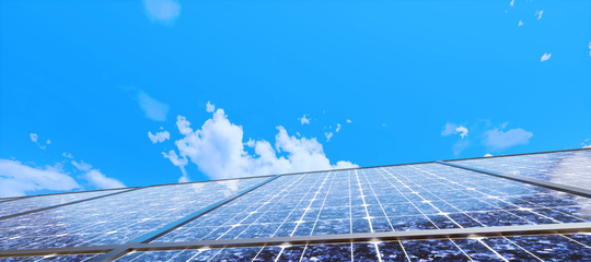 Colorful panoramic landscape: solar power plants.  ( 3D rendering computer digitally generated illustration.)