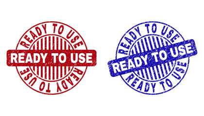 Grunge READY TO USE round stamp seals isolated on a white background. Round seals with distress texture in red and blue colors.