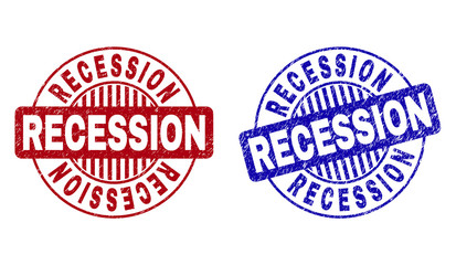 Grunge RECESSION round stamp seals isolated on a white background. Round seals with grunge texture in red and blue colors. Vector rubber watermark of RECESSION title inside circle form with stripes.