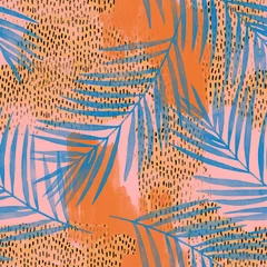 Behang Water kleur palmbladeren op ruwe grunge texturen, doodles, krabbels achtergrond © Tanya Syrytsyna
