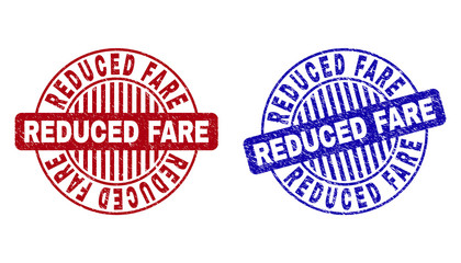 Grunge REDUCED FARE round stamp seals isolated on a white background. Round seals with grunge texture in red and blue colors.