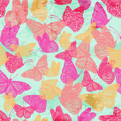 Trendy colorful seamless pattern with flying butterfly on grunge painted texture