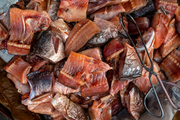 Pile of dried freshwater fish displayed at a local market.