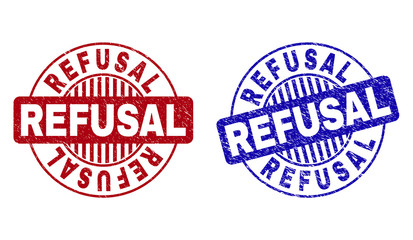 Grunge REFUSAL round stamp seals isolated on a white background. Round seals with grunge texture in red and blue colors. Vector rubber overlay of REFUSAL tag inside circle form with stripes.