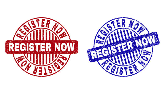 Grunge REGISTER NOW round stamp seals isolated on a white background. Round seals with grunge texture in red and blue colors.