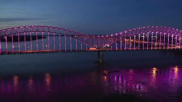 Aerial Reverse Zoom Out of the Memphis Hernando de Soto Bridge Lights at Night