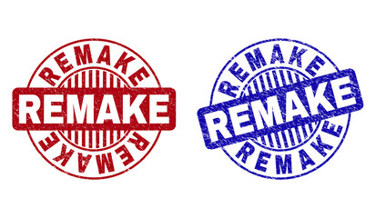 Grunge REMAKE round stamp seals isolated on a white background. Round seals with grunge texture in red and blue colors. Vector rubber imprint of REMAKE title inside circle form with stripes.