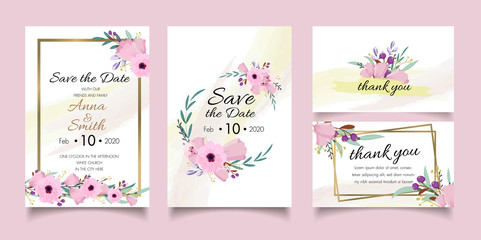 Fototapeta na wymiar template Wedding invite, invitation,save the date card design with pink flower branches leaves