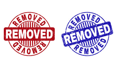 Grunge REMOVED round stamp seals isolated on a white background. Round seals with grunge texture in red and blue colors. Vector rubber imitation of REMOVED title inside circle form with stripes.
