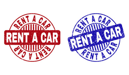 Grunge RENT A CAR round stamp seals isolated on a white background. Round seals with grunge texture in red and blue colors. Vector rubber imprint of RENT A CAR label inside circle form with stripes.