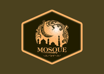 Hand Drawn Illustration of mosque on badge logo