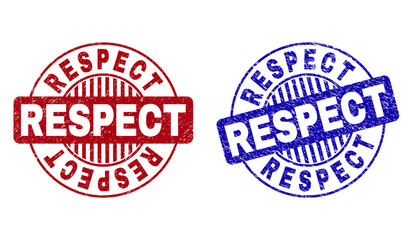 Grunge RESPECT round stamp seals isolated on a white background. Round seals with grunge texture in red and blue colors. Vector rubber watermark of RESPECT label inside circle form with stripes.