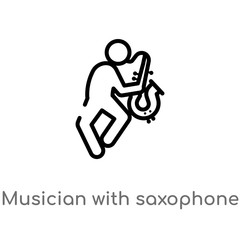 outline musician with saxophone vector icon. isolated black simple line element illustration from music concept. editable vector stroke musician with saxophone icon on white background