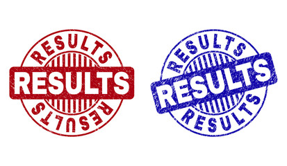 Grunge RESULTS round stamp seals isolated on a white background. Round seals with grunge texture in red and blue colors. Vector rubber imitation of RESULTS label inside circle form with stripes.