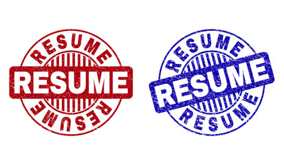 Grunge RESUME round stamp seals isolated on a white background. Round seals with grunge texture in red and blue colors. Vector rubber watermark of RESUME tag inside circle form with stripes.