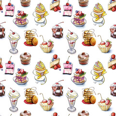 Seamless pattern of the sweet cakes. Cookies associated with string isolated on white background. Drawn by hand watercolor