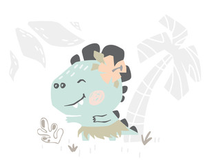 Dinosaur baby cute print. Sweet dino dancing Hawaiian dance on beach