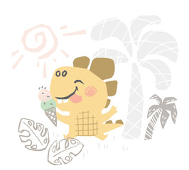 Dinosaur baby cute print. Sweet dino makes eat ice cream on beach.
