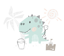 Dinosaur baby cute with spatula print. Sweet dino builds a sand castle on beach. Summer