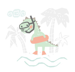 Dinosaur baby with rubber ring cute print. Sweet dino going snorkeling on beach.