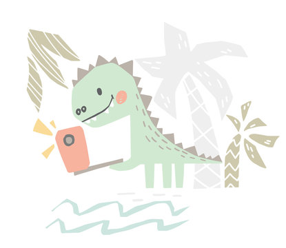 Dinosaur baby with phone cute print. Sweet dino makes a selfie on beach