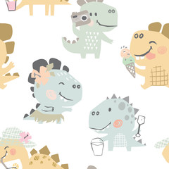 Dinosaurs on the beach baby cute seamless pattern. Sweet dino summer leisure print. Cool holiday design illustration for nursery