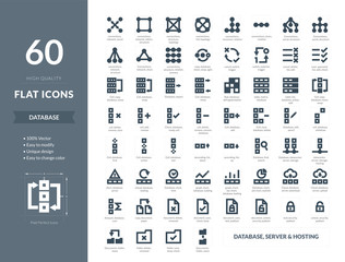 Flat solid Database system, Hosting, Data security icons in Vector format