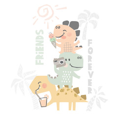 Dinosaurs on beach baby cute print. Sweet dino summer leisure.