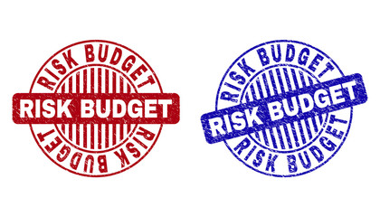 Grunge RISK BUDGET round watermarks isolated on a white background. Round seals with grunge texture in red and blue colors.