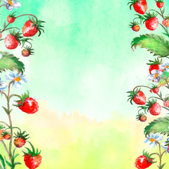 Watercolor greeting card, invitation with a plant strawberry. Blossoming bush with a red berry and flower. Against the background of a beautiful colorful watercolor stain. Vinage drawing. 