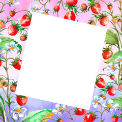 Watercolor greeting card, invitation with a plant strawberry. Blossoming bush with a red berry and flower. Against the background of a beautiful colorful watercolor stain. Vinage drawing. 